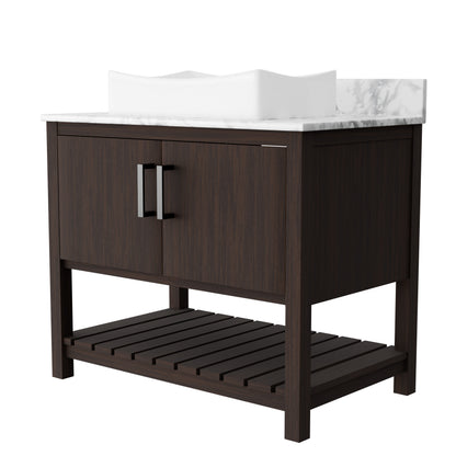 36-inch Novatto bath vanity with Carrara white marble countertop and integrated sink, showcasing a modern bathroom accessory.