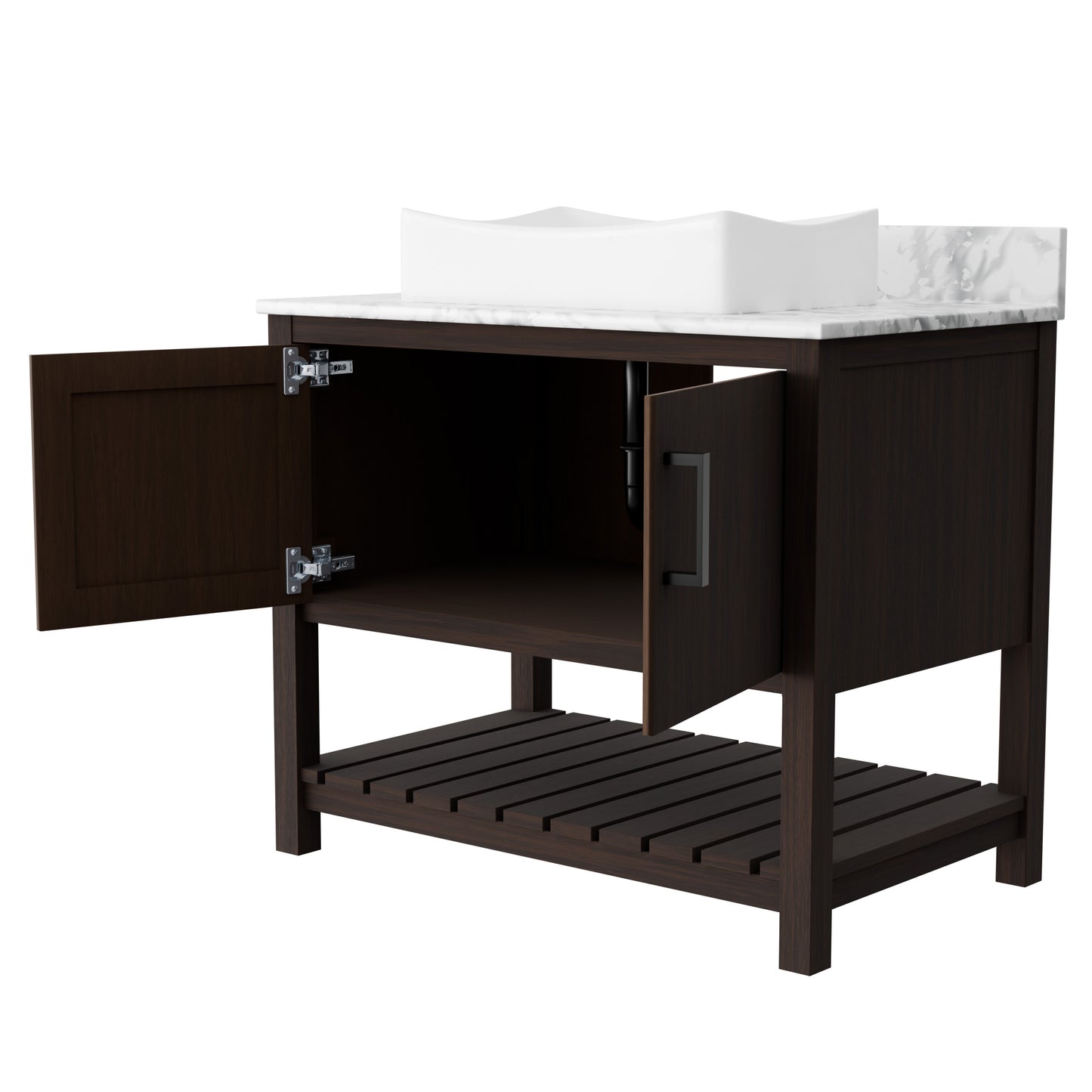 Novatto 36-inch bath vanity with Carrara white marble countertop and integrated sink, showcasing elegant bathroom accessory design.