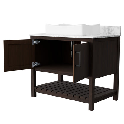 Novatto 36-inch bath vanity with Carrara white marble countertop and integrated sink, showcasing elegant bathroom accessory design.