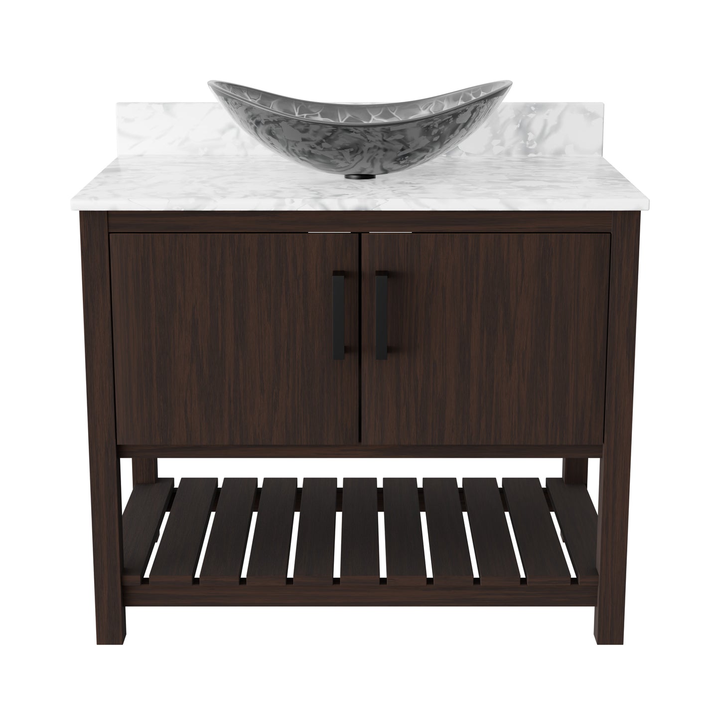 36-inch Novatto bath vanity with Carrara white marble countertop and integrated sink, shown from a front angle.
