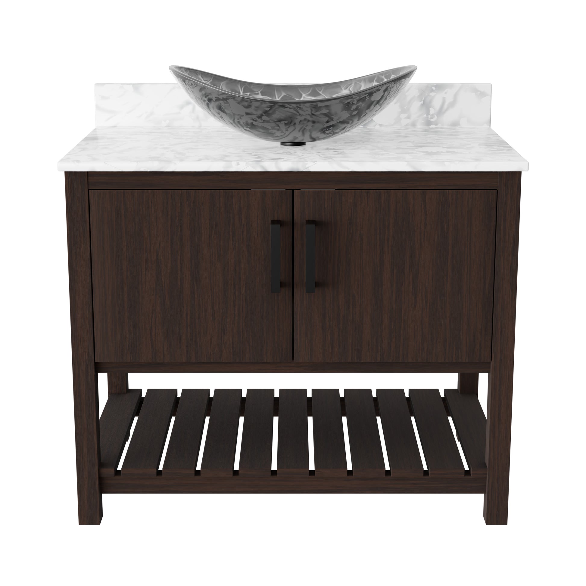 36-inch Novatto bath vanity with Carrara white marble countertop and integrated sink, shown from a front angle.