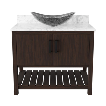 36-inch Novatto bath vanity with Carrara white marble countertop and integrated sink, shown from a front angle.