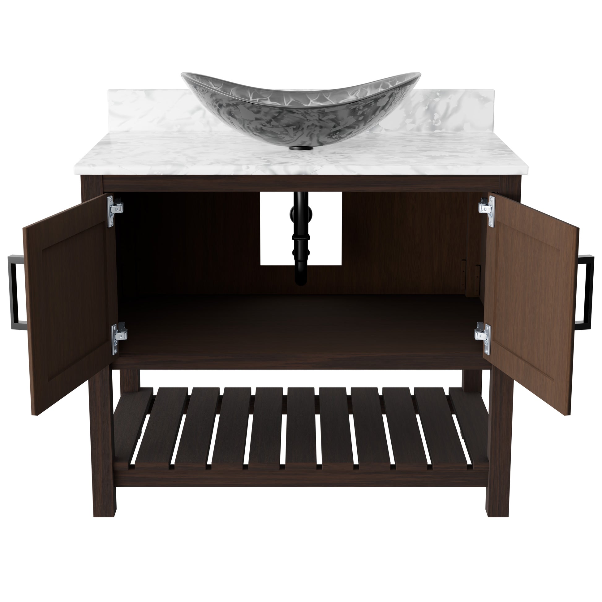 36-inch Novatto bath vanity with Carrara white marble countertop and integrated sink, showcasing sleek modern bathroom accessory.