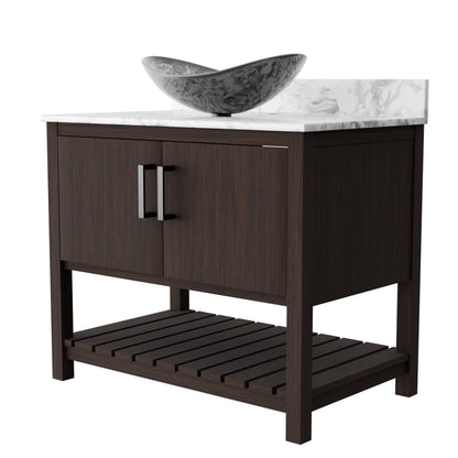 Novatto 36-inch bathroom vanity with Carrara white marble counter and integrated sink, sleek modern design, side view.