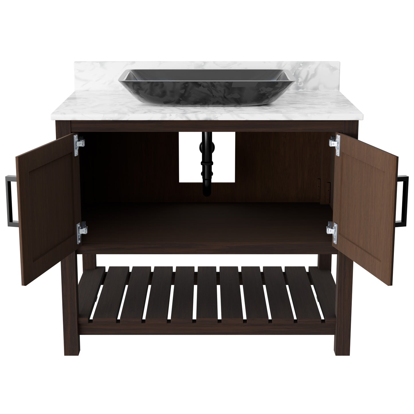 Novatto 36-inch bathroom vanity with Carrara white marble counter and sink, featuring sleek modern design and polished finish