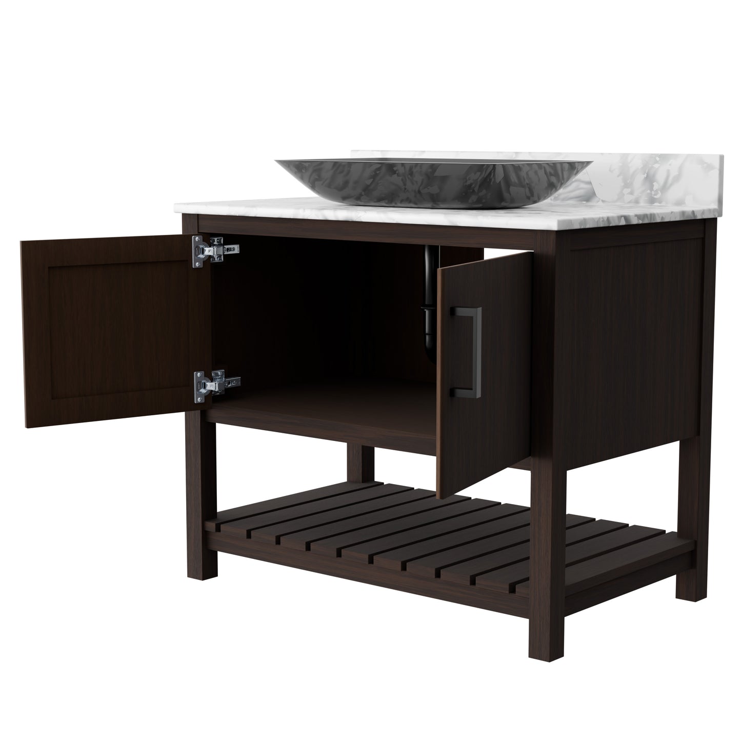 Novatto 36-inch bath vanity with Carrara white marble countertop and integrated sink, showcasing sleek bathroom accessory design.