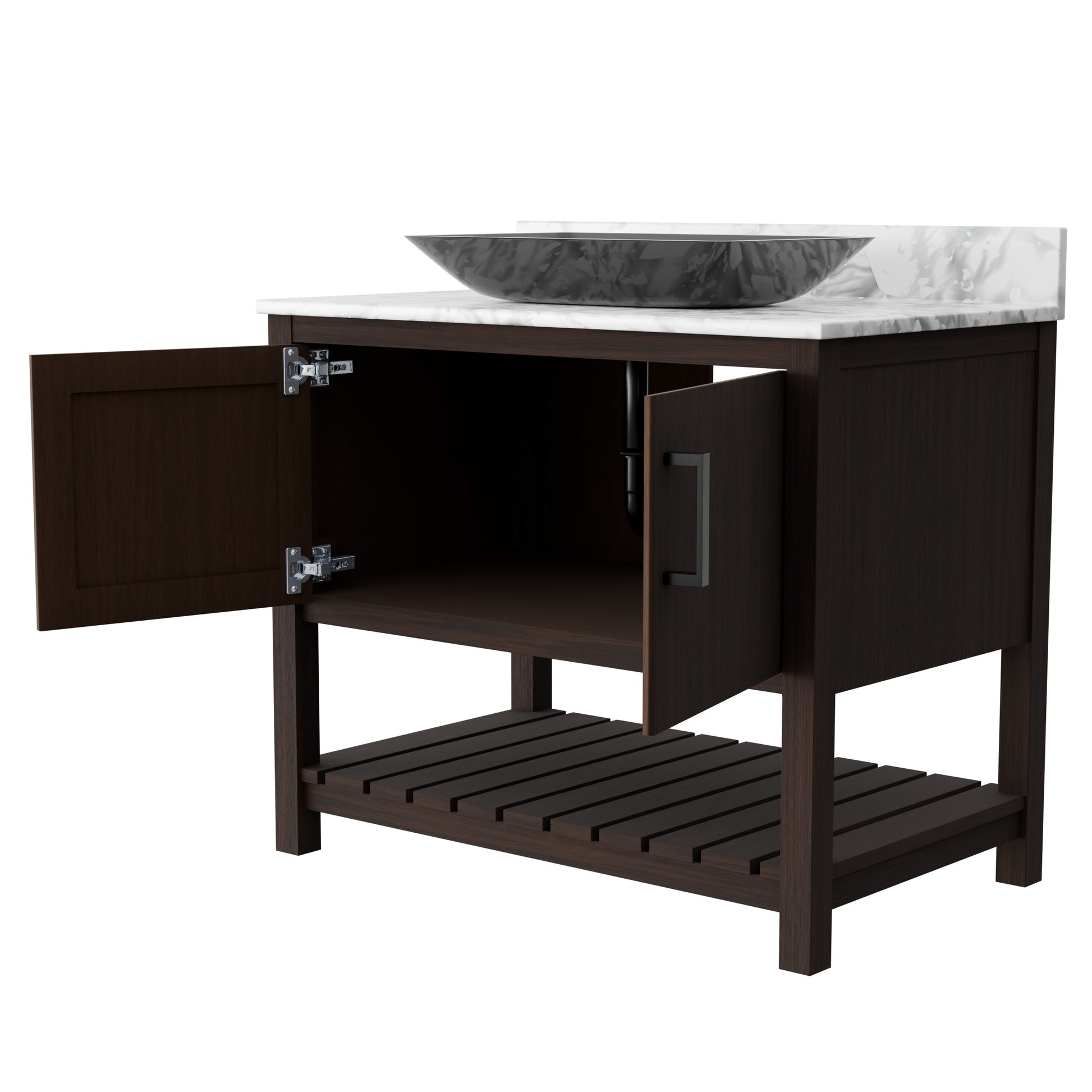 Novatto 36-inch bath vanity with Carrara white marble countertop and integrated sink, showcasing sleek bathroom accessory design.