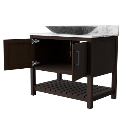 Novatto 36-inch bath vanity with Carrara white marble countertop and integrated sink, showcasing sleek bathroom accessory design.