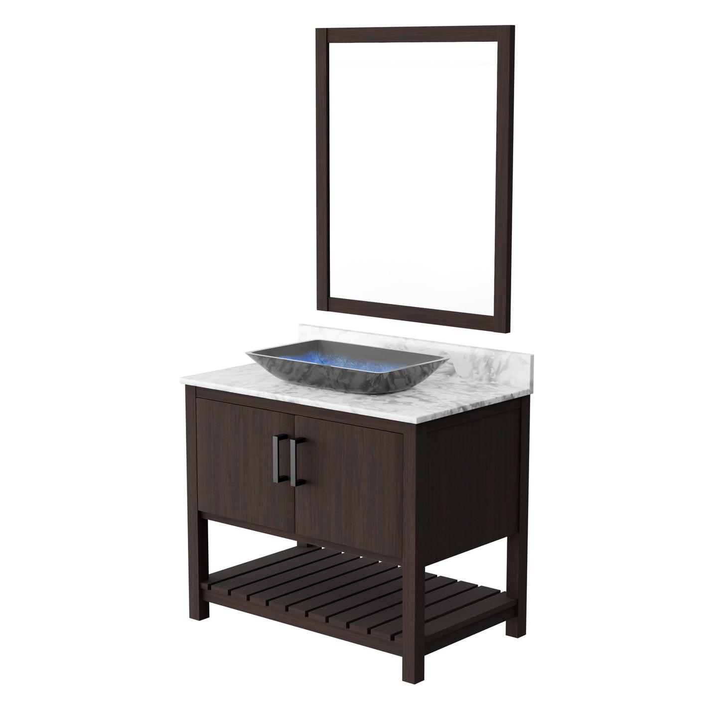 36-inch Novatto bath vanity with Carrara white marble countertop and integrated sink, showcasing elegant bathroom accessory design.