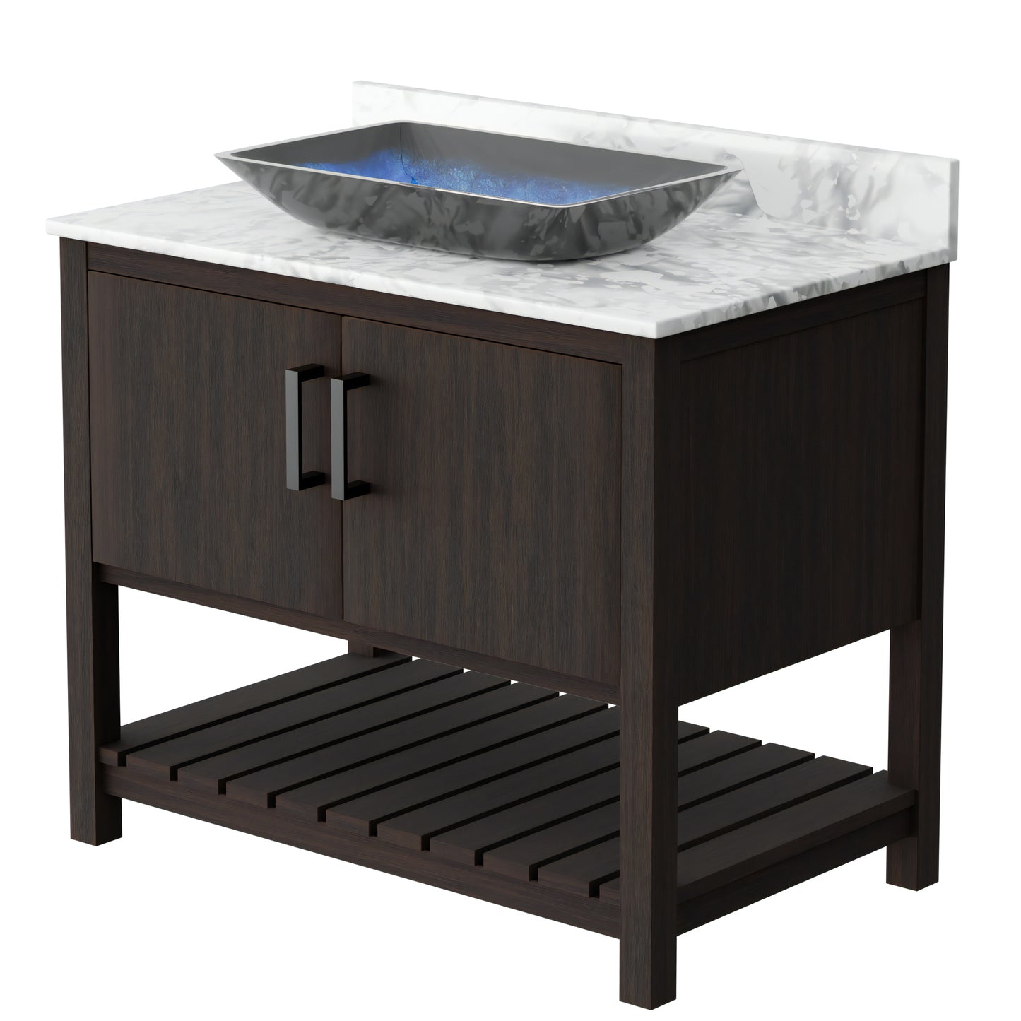 36-inch Novatto bath vanity with Carrara white marble countertop and integrated sink, showcasing elegant bathroom accessory design
