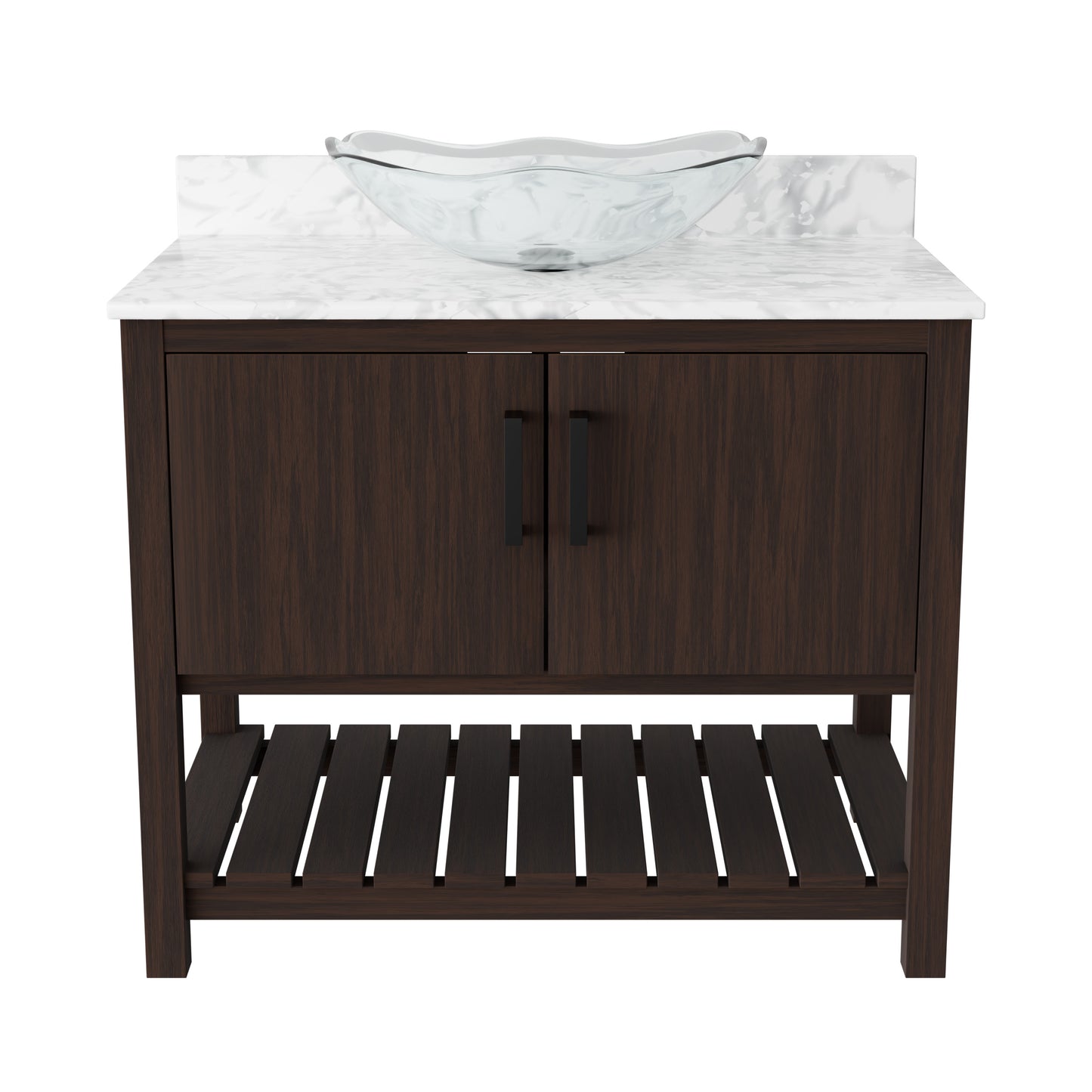 36-inch Novatto bathroom vanity with Carrara white marble countertop and integrated sink, showcasing elegant bathroom accessory.