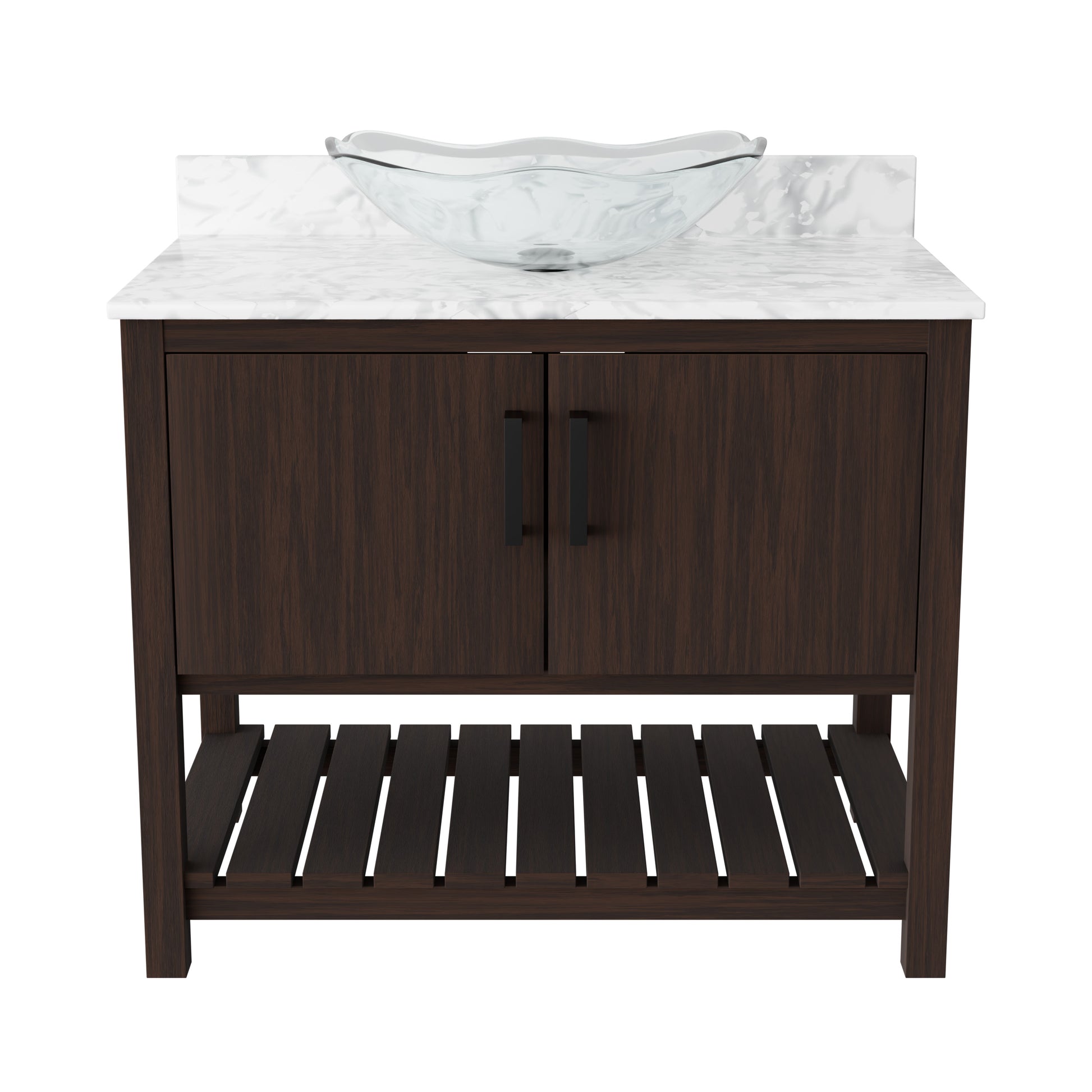 36-inch Novatto bathroom vanity with Carrara white marble countertop and integrated sink, showcasing elegant bathroom accessory.