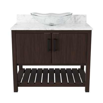 36-inch Novatto bathroom vanity with Carrara white marble countertop and integrated sink, showcasing elegant bathroom accessory.
