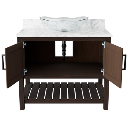 36-inch Novatto bathroom vanity with Carrara white marble counter and sink, showcasing sleek modern design and elegant stone surface.