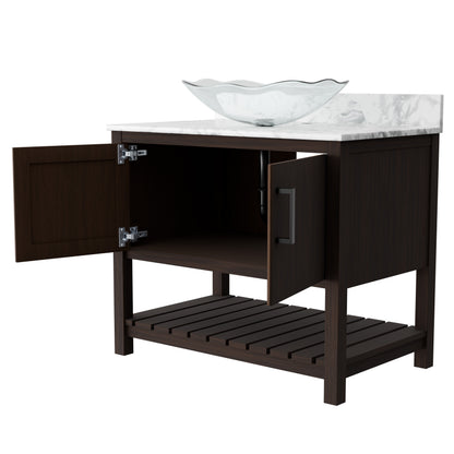 Novatto 36-inch bath vanity with Carrara white marble countertop and integrated sink, modern bathroom accessory.