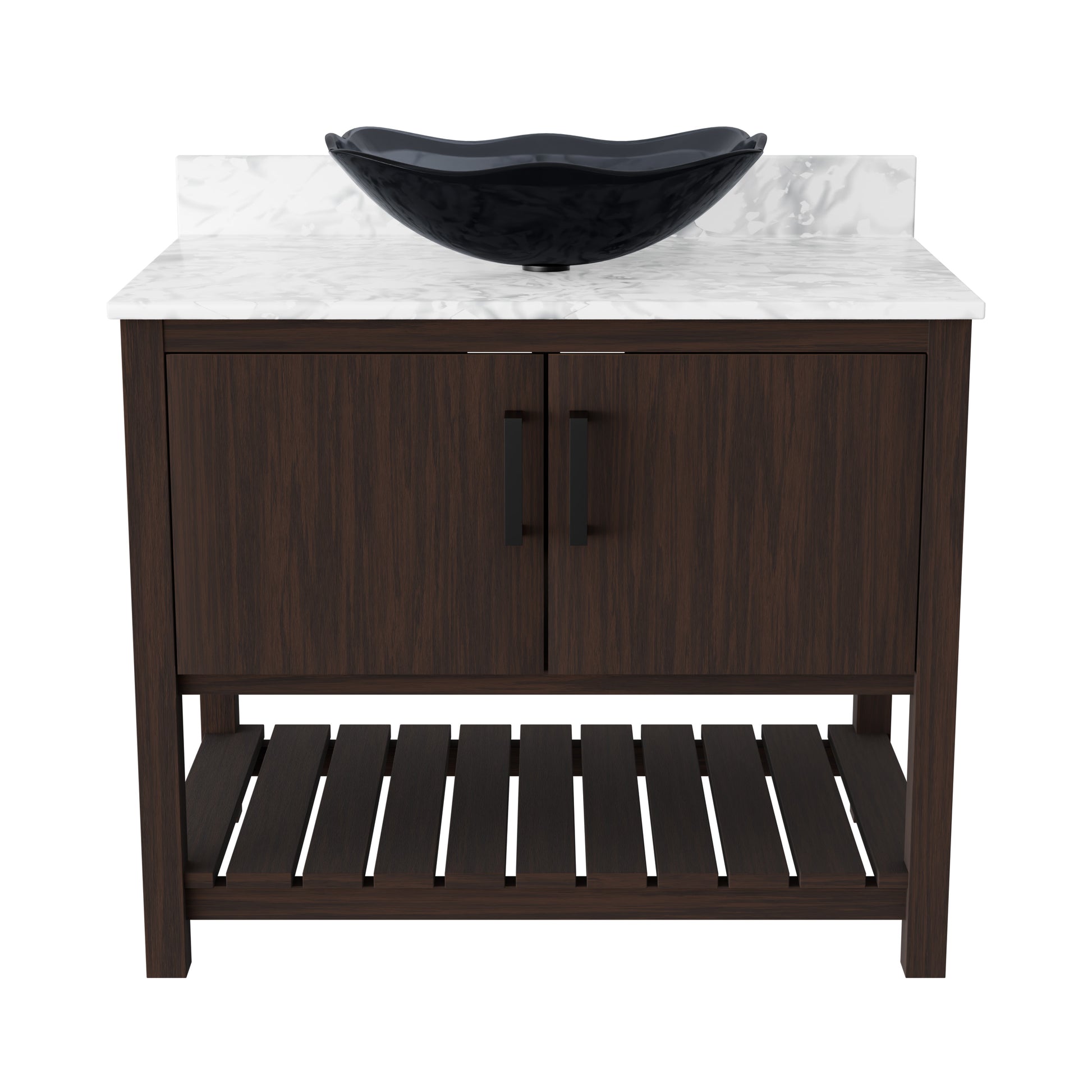 36-inch Novatto bath vanity with Carrara white marble countertop and integrated sink, showcasing elegant bathroom accessory design.