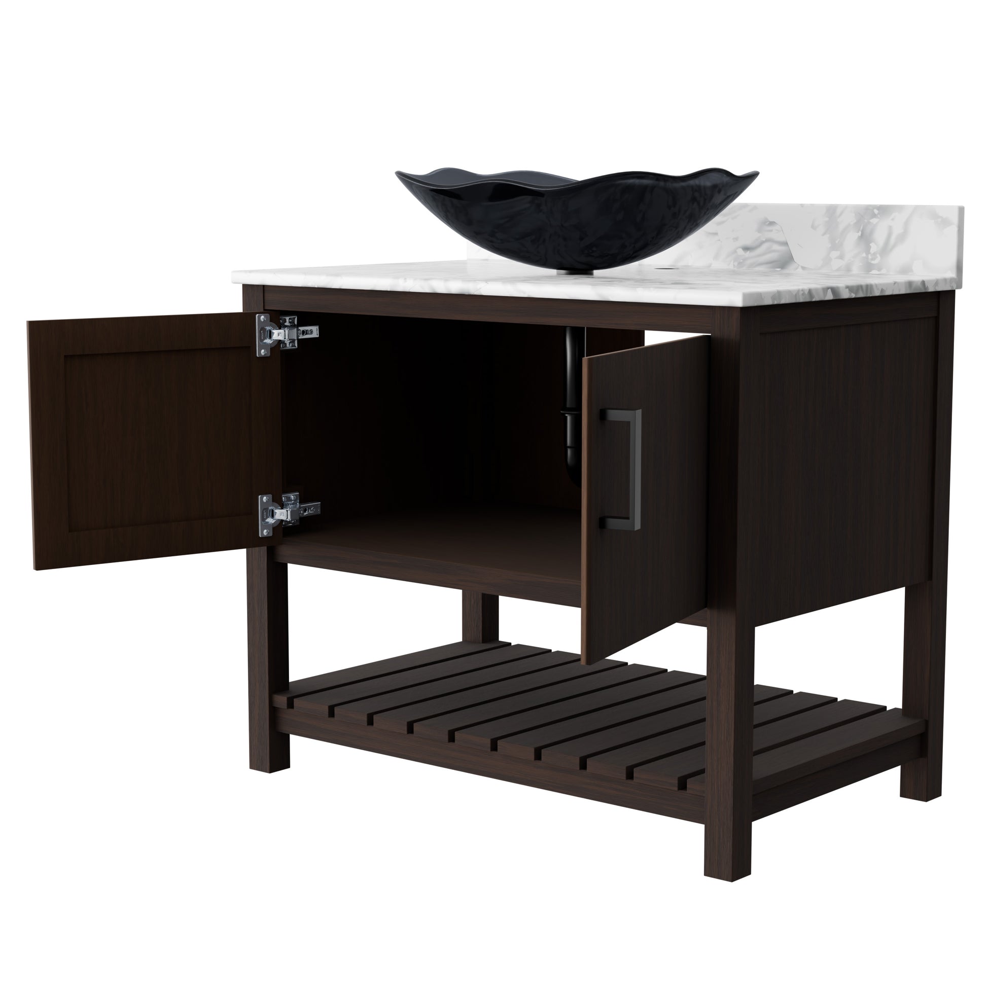 36-inch Novatto bath vanity with Carrara white marble counter and integrated sink, showing sleek bathroom accessory design.