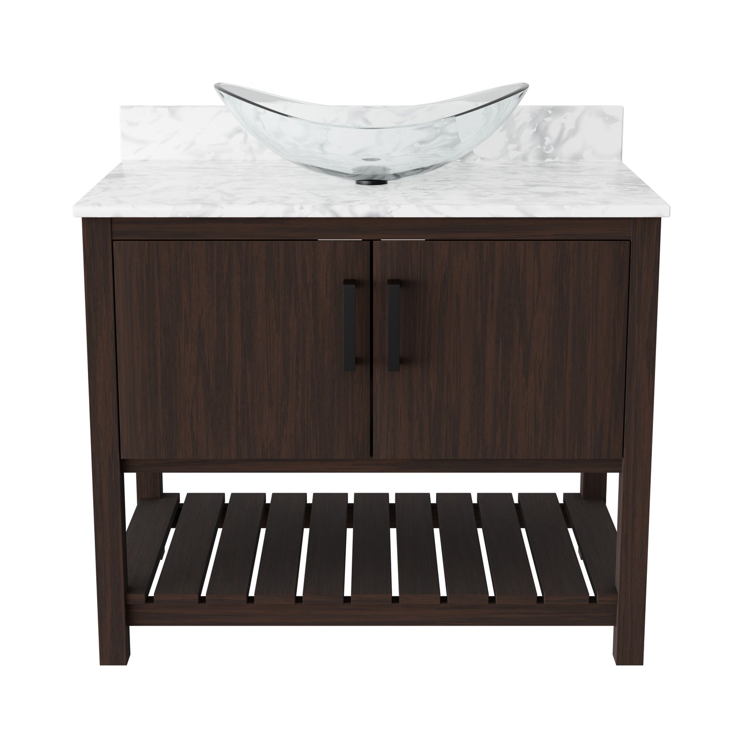 Novatto 36-inch bath vanity with Carrara white marble counter and integrated sink, showcasing sleek bathroom accessory design.