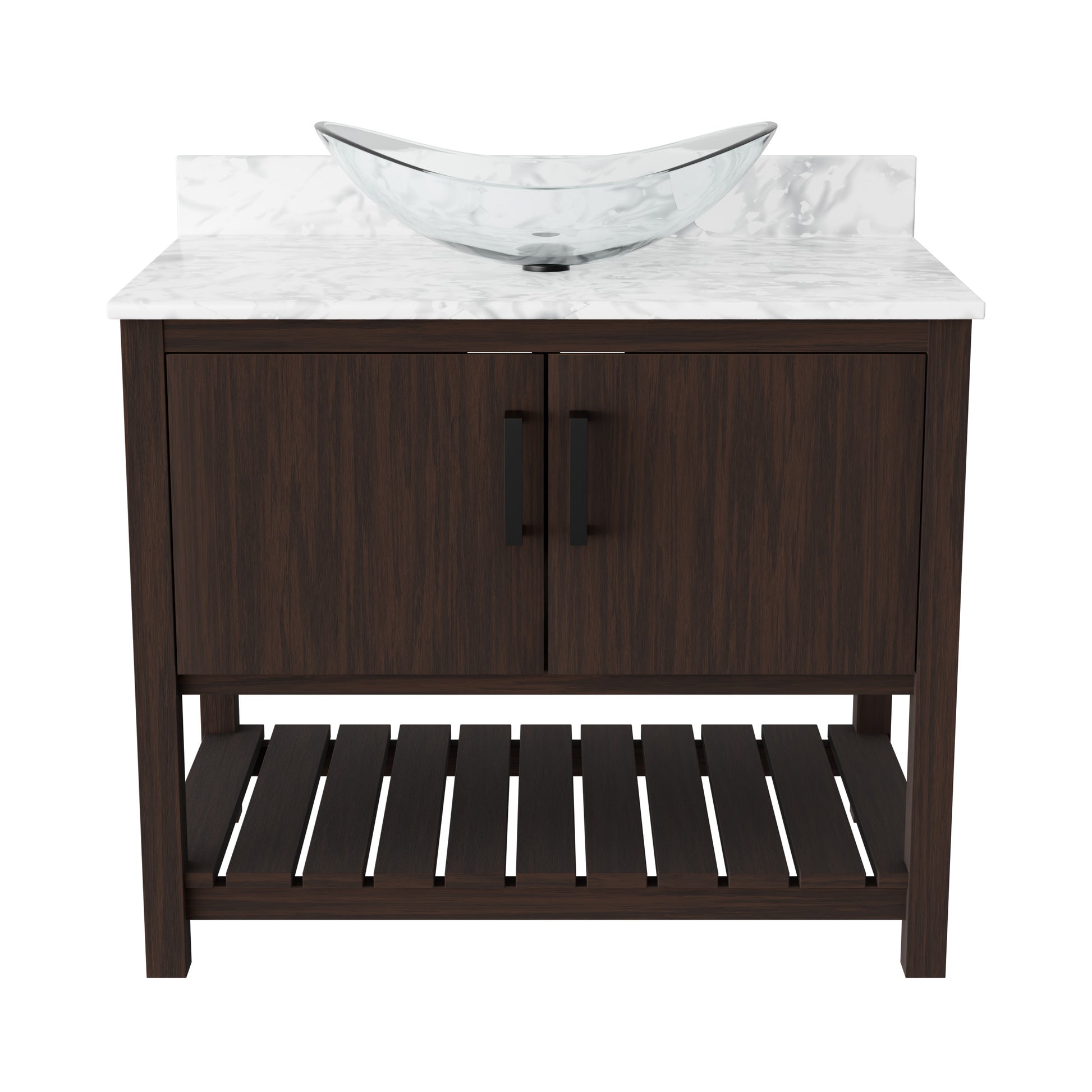 Novatto 36-inch bath vanity with Carrara white marble counter and integrated sink, showcasing sleek bathroom accessory design.