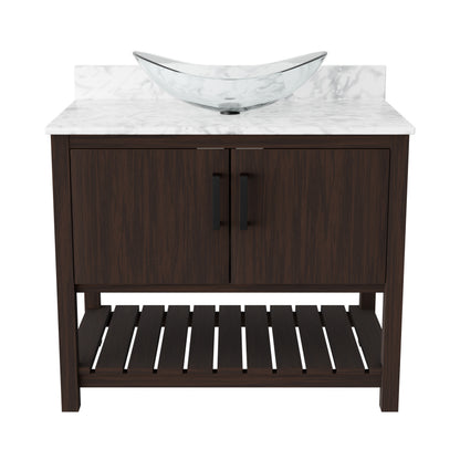 Novatto 36-inch bath vanity with Carrara white marble counter and integrated sink, showcasing sleek bathroom accessory design.