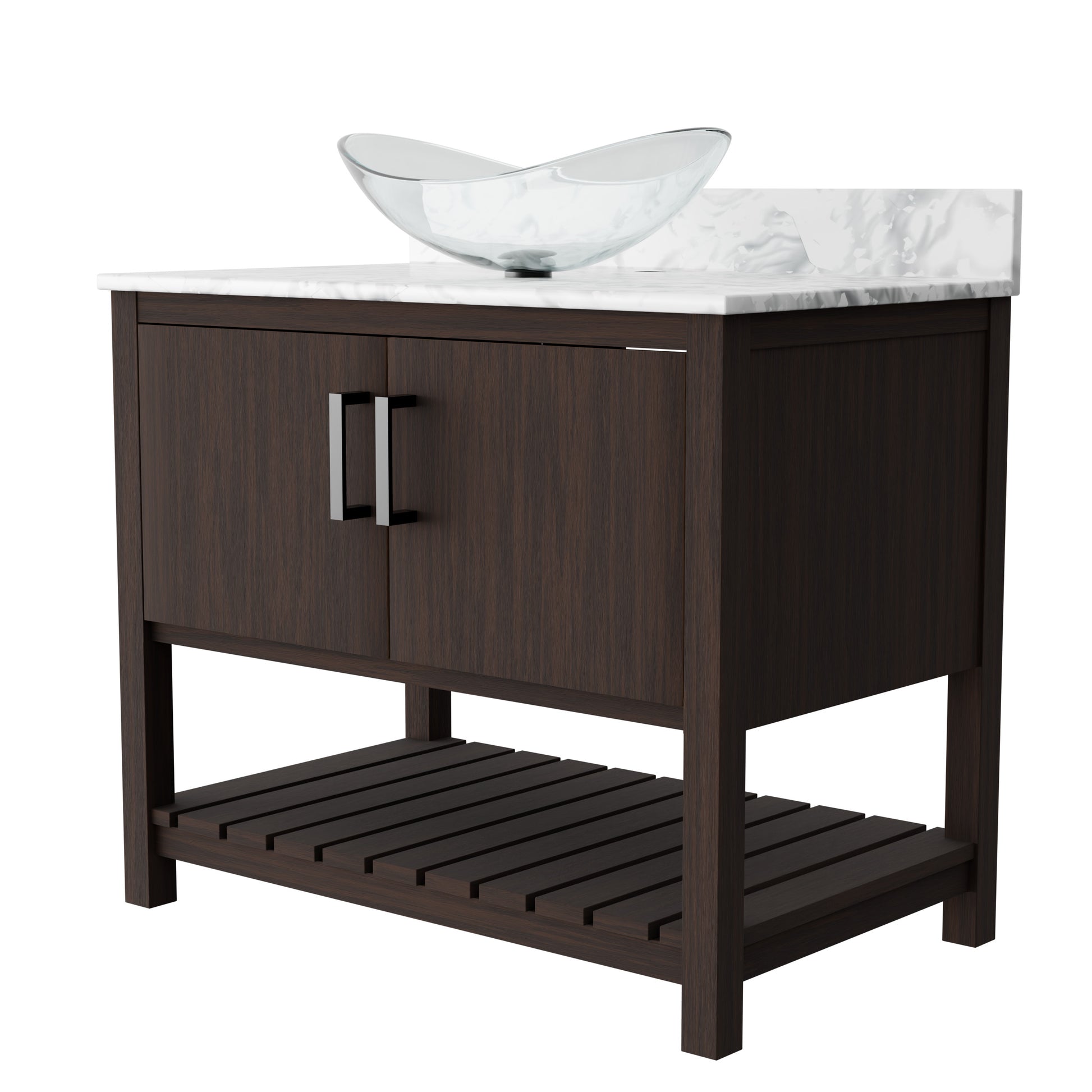 36-inch Novatto bath vanity with Carrara white marble countertop and integrated sink, shown from a front view.