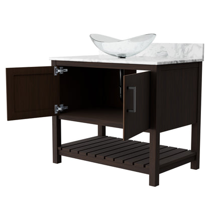 36-inch Novatto bath vanity with Carrara white marble countertop and integrated sink, showcasing elegant bathroom accessory design
