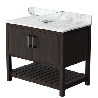 36-inch Novatto bath vanity with Carrara white marble countertop and built-in sink, showcasing elegant bathroom accessory design.