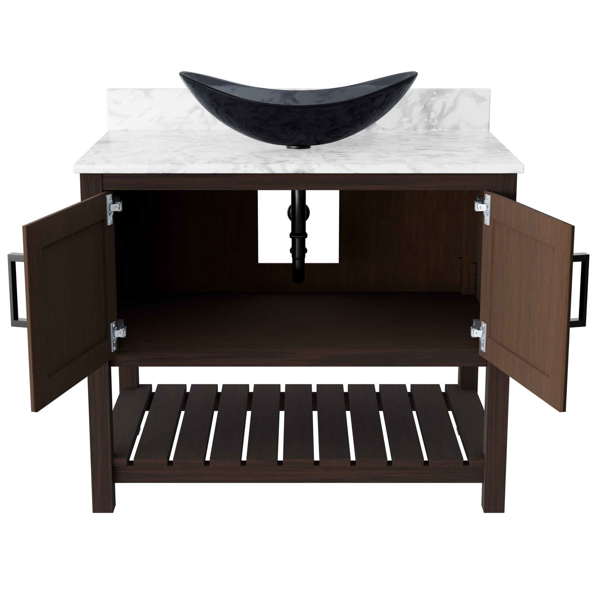 36-inch Novatto bath vanity with Carrara white marble countertop and integrated sink, showcasing sleek bathroom accessory design