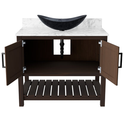 36-inch Novatto bath vanity with Carrara white marble countertop and integrated sink, showcasing sleek bathroom accessory design
