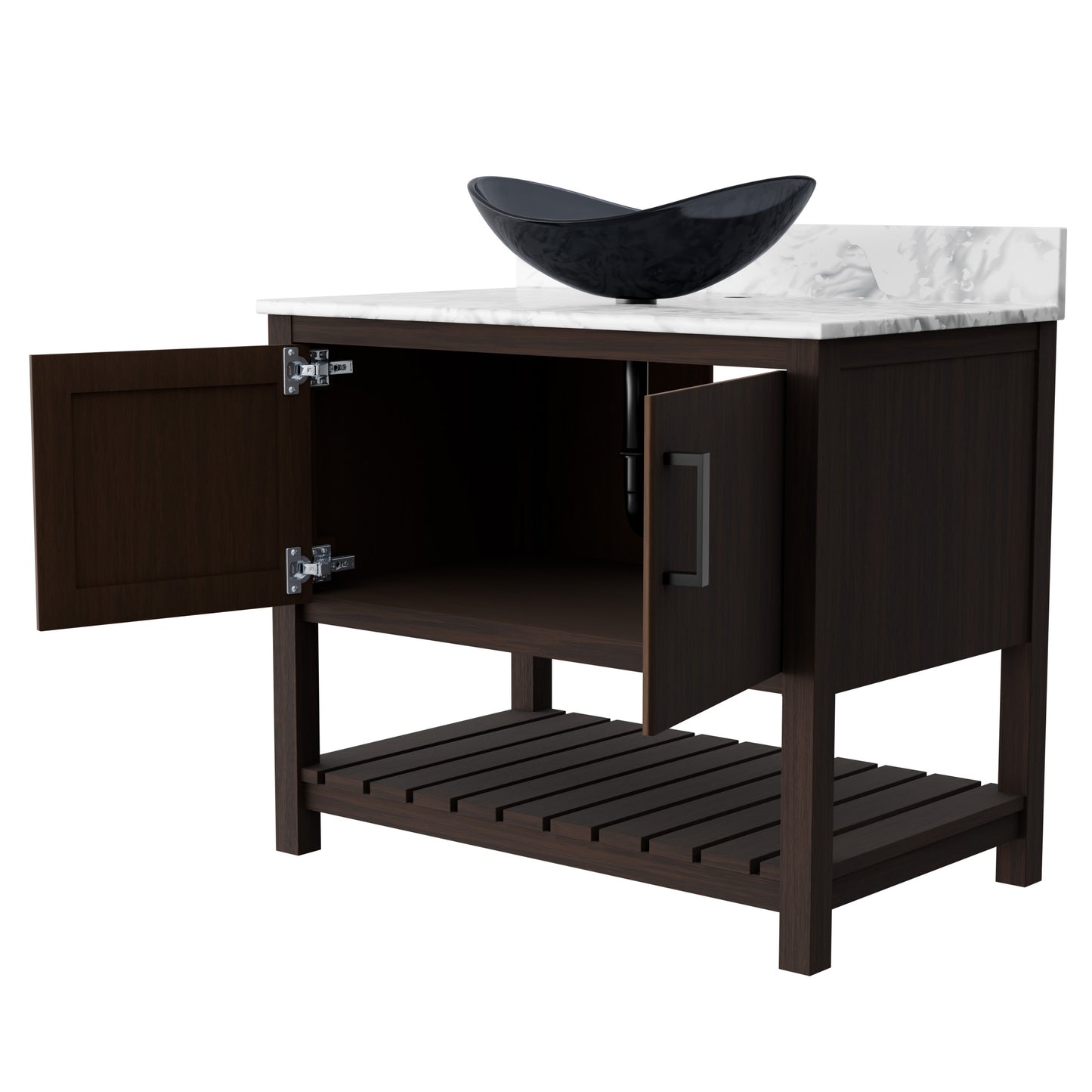 36-inch Novatto bath vanity with Carrara white marble counter and sink, showcasing elegant bathroom accessory design.