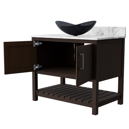 36-inch Novatto bath vanity with Carrara white marble counter and sink, showcasing elegant bathroom accessory design.