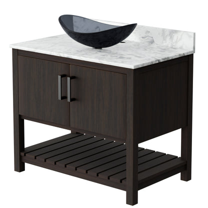 36-inch Novatto bath vanity with Carrara white marble counter and sink, featuring modern design and elegant surface details.