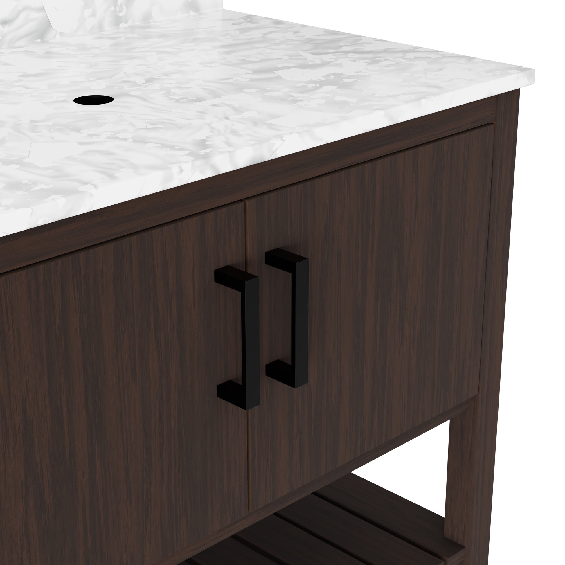 36-inch Novatto vanity with Carrara white marble countertop, showcasing sleek bathroom accessory design and elegant surface details.