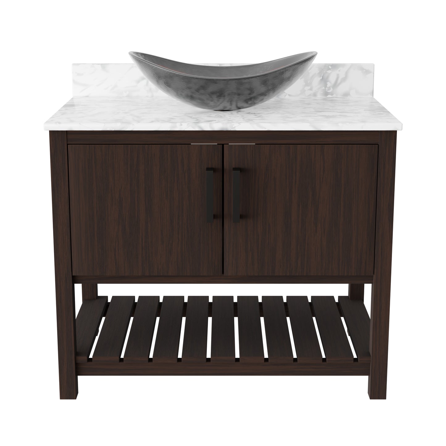 36-inch Novatto bath vanity with Carrara white marble counter and integrated sink, shown from a front view.