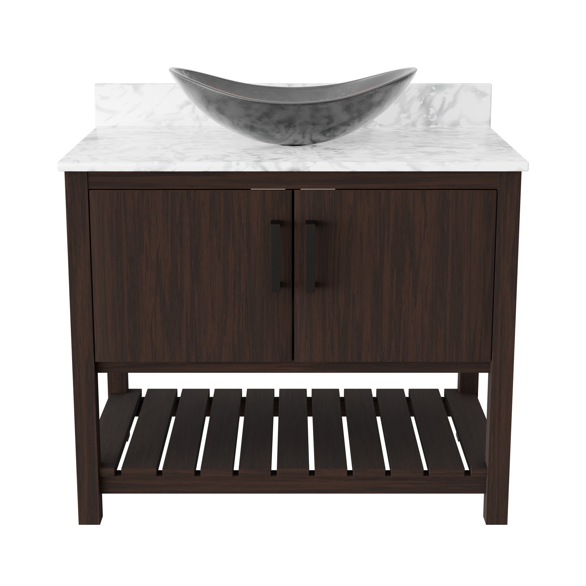 36-inch Novatto bath vanity with Carrara white marble counter and integrated sink, shown from a front view.
