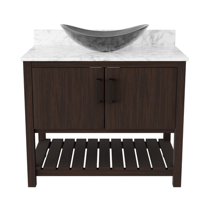 36-inch Novatto bath vanity with Carrara white marble counter and integrated sink, shown from a front view.