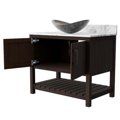 Novatto 36-inch bath vanity with Carrara white marble countertop and integrated sink, modern bathroom accessory.
