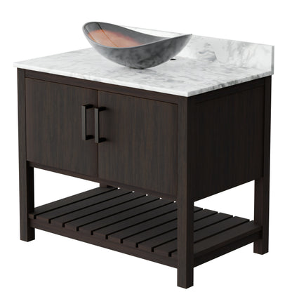 36-inch Novatto bath vanity with Carrara white marble countertop and integrated sink, showcasing elegant bathroom accessory design