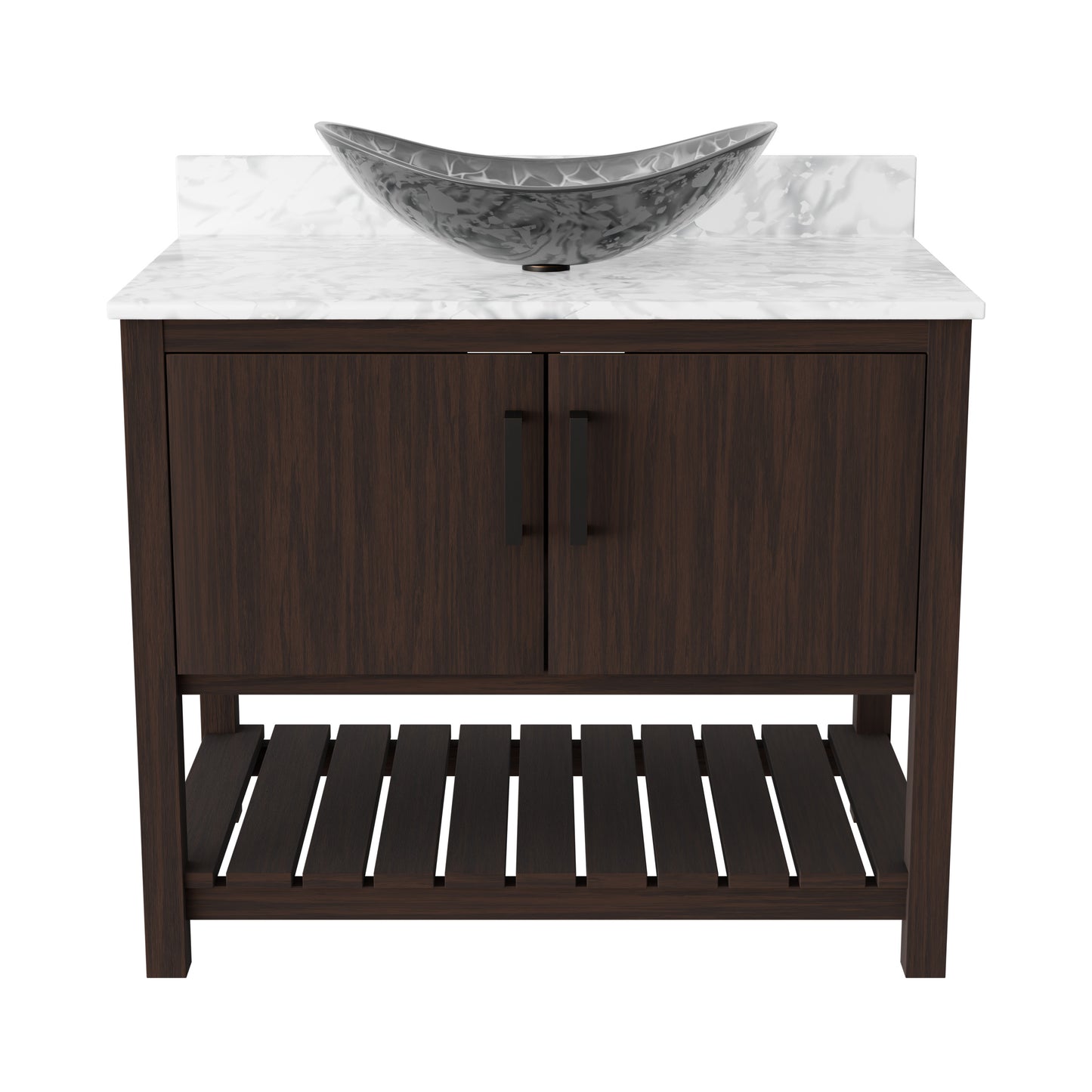 36-inch Novatto bath vanity with Carrara white marble countertop and integrated sink, showcasing elegant bathroom accessory.