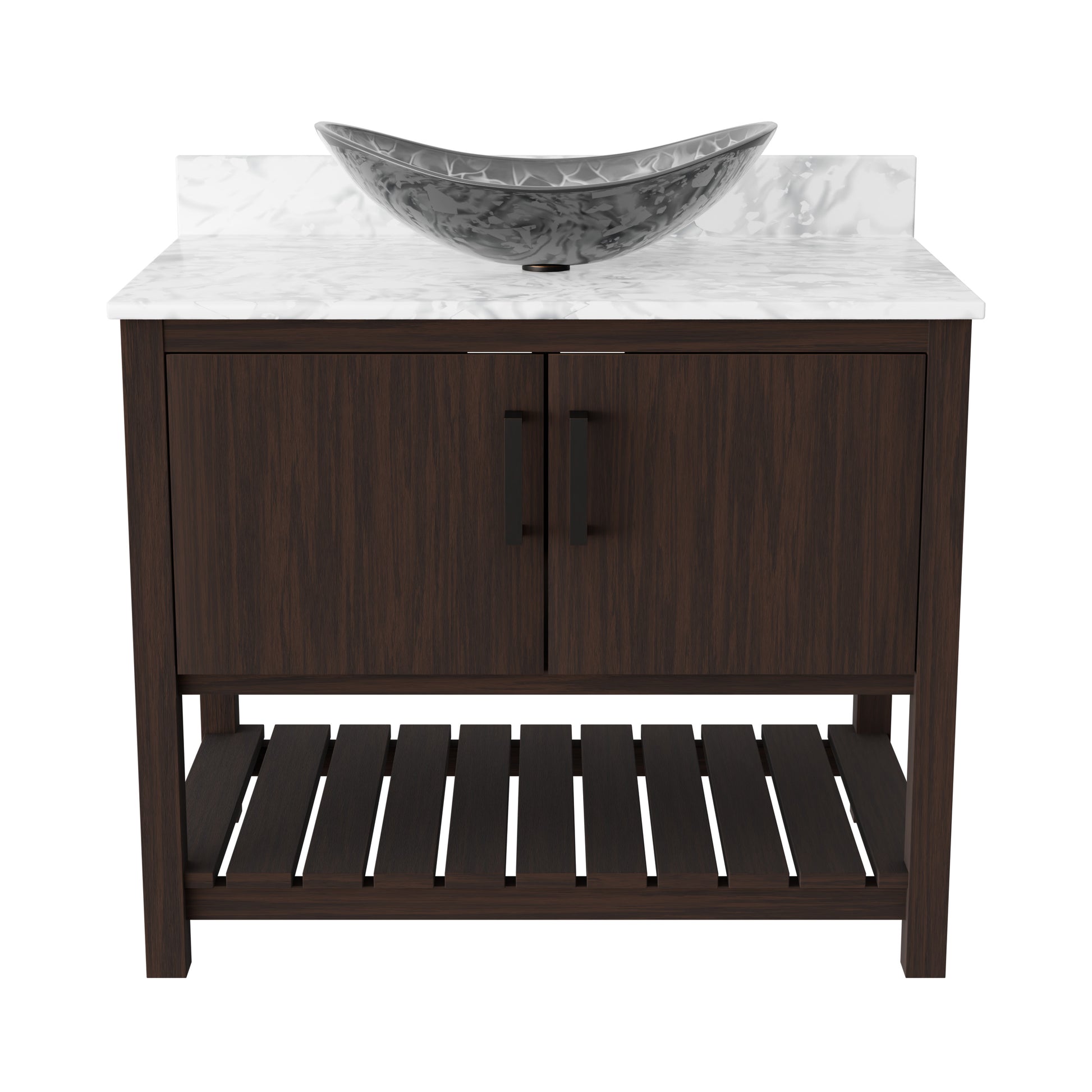36-inch Novatto bath vanity with Carrara white marble countertop and integrated sink, showcasing elegant bathroom accessory.