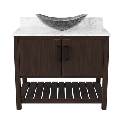 36-inch Novatto bath vanity with Carrara white marble countertop and integrated sink, showcasing elegant bathroom accessory.