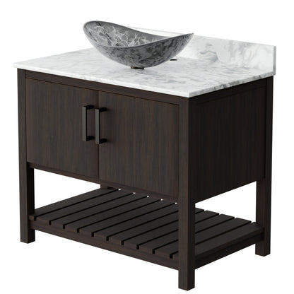 36-inch Novatto bath vanity with Carrara white marble counter and integrated sink, shown from a front view.