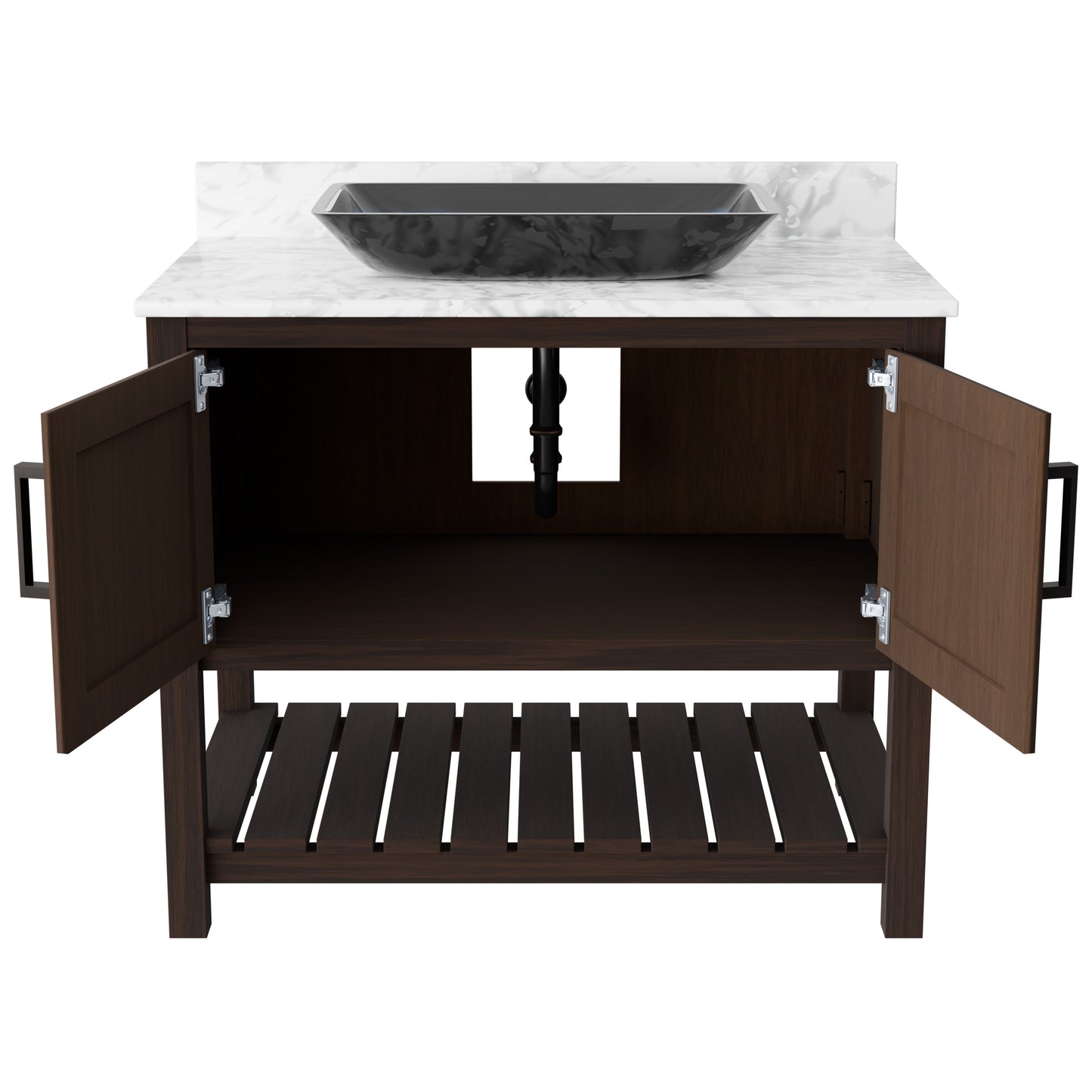 36-inch Novatto bath vanity with Carrara white marble countertop and integrated sink, shown from a side angle.