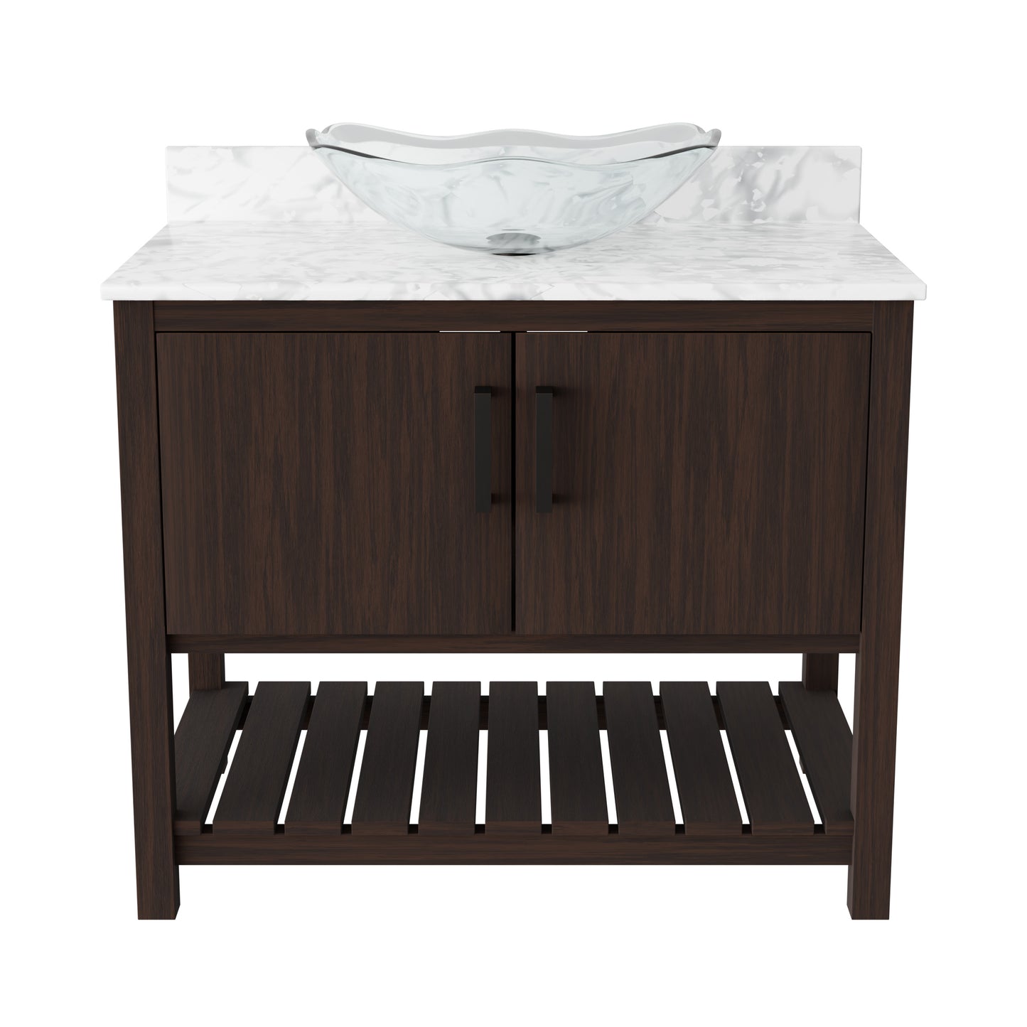 Novatto 36-inch bathroom vanity with Carrara white marble counter and sink, featuring sleek modern design and sturdy cabinetry.