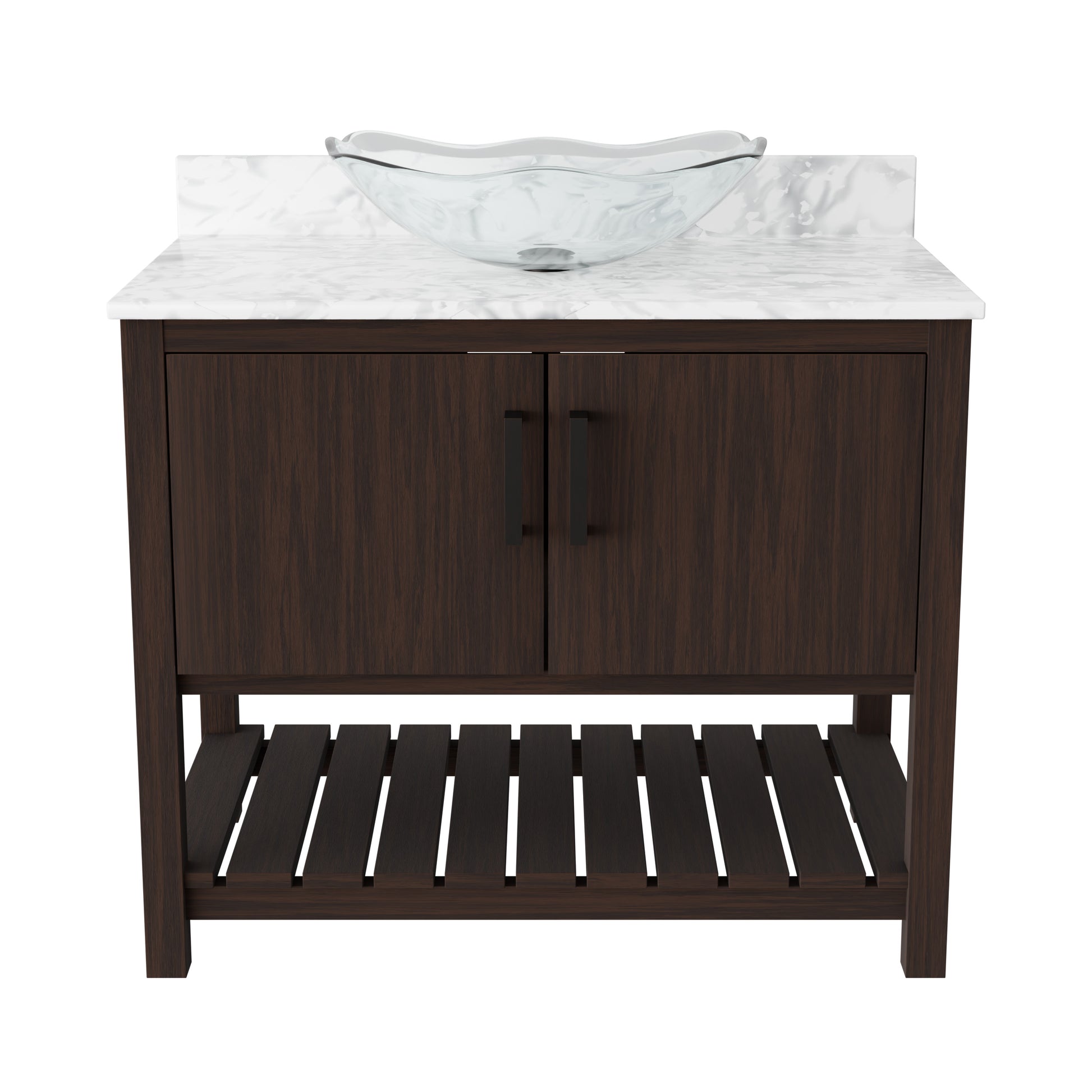 Novatto 36-inch bathroom vanity with Carrara white marble counter and sink, featuring sleek modern design and sturdy cabinetry.