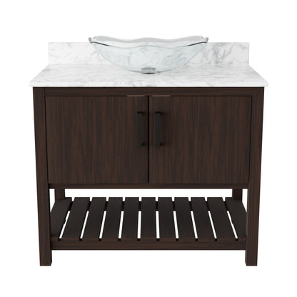Novatto 36-inch bathroom vanity with Carrara white marble counter and sink, featuring sleek modern design and sturdy cabinetry.