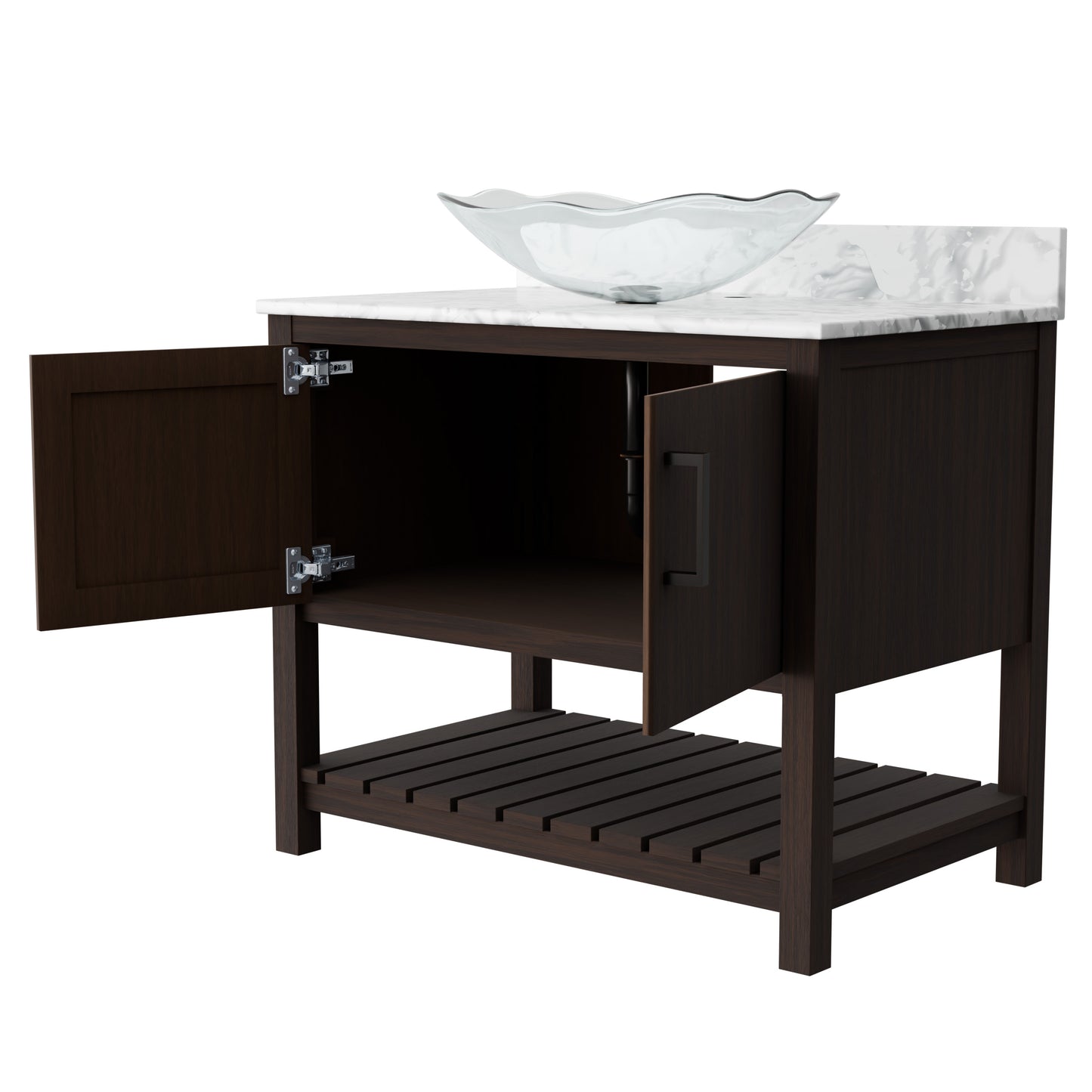 36-inch Novatto bath vanity with Carrara white marble counter and integrated sink, showcasing elegant bathroom accessory design.