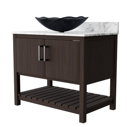 36-inch Novatto bath vanity with Carrara white marble countertop and integrated sink, showcasing elegant bathroom accessory.