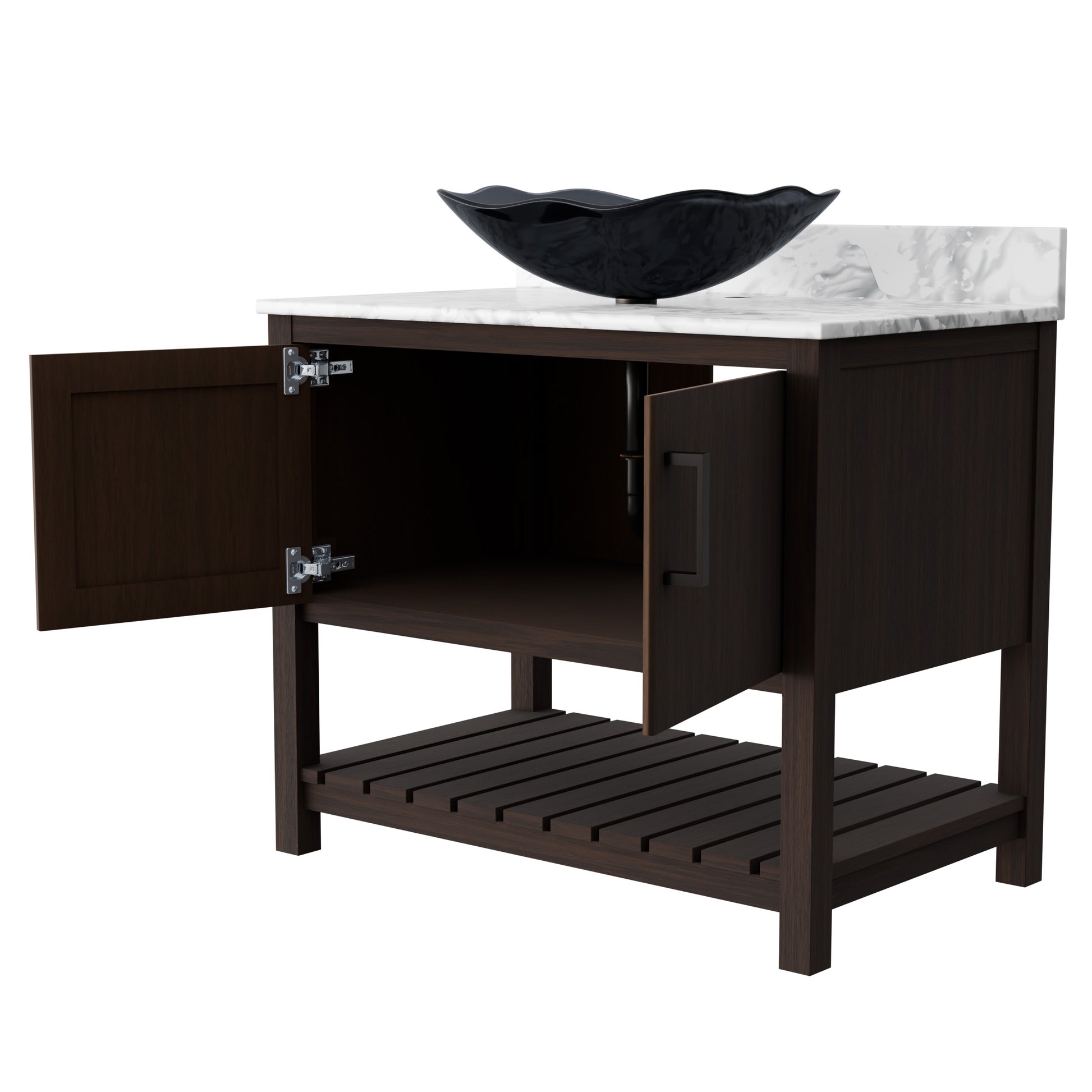 Novatto 36-inch bath vanity with Carrara white marble counter and sink, showcasing elegant accessory design and craftsmanship.