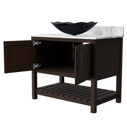 Novatto 36-inch bath vanity with Carrara white marble counter and sink, showcasing elegant accessory design and craftsmanship.